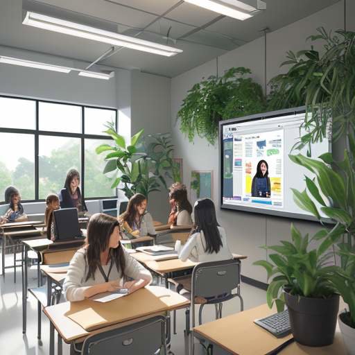 Diverse students collaborate in a sunlit modern classroom, using tablets featuring AI-powered tutor avatars to receive real-time feedback during a group learning session.