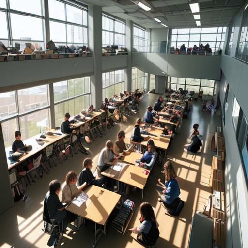 A diverse group of students sit in a modern, sunlit campus common area, collaborating and discussing ideas among books and laptops.