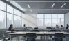 Diverse students interact with holographic data visualizations and a friendly AI avatar in a modern, high-tech classroom overlooking a futuristic campus.