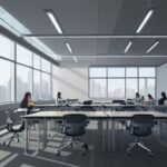 Diverse students interact with holographic data visualizations and a friendly AI avatar in a modern, high-tech classroom overlooking a futuristic campus.