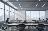 Diverse students interact with holographic data visualizations and a friendly AI avatar in a modern, high-tech classroom overlooking a futuristic campus.