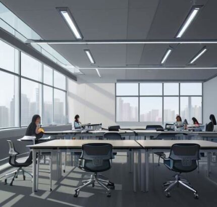 Diverse students interact with holographic data visualizations and a friendly AI avatar in a modern, high-tech classroom overlooking a futuristic campus.