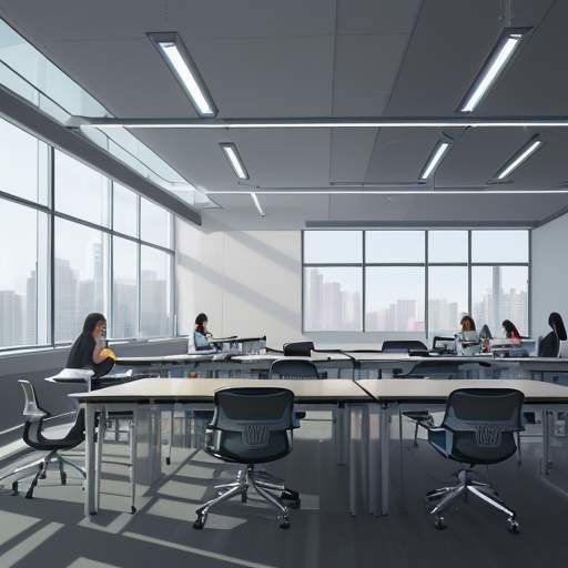 Diverse students interact with holographic data visualizations and a friendly AI avatar in a modern, high-tech classroom overlooking a futuristic campus.