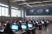 Diverse students work on laptops in a sunlit, modern university library as glowing icons of lightbulbs and gears float from their screens, symbolizing the spark of collaborative innovation in education.