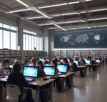 Diverse students work on laptops in a sunlit, modern university library as glowing icons of lightbulbs and gears float from their screens, symbolizing the spark of collaborative innovation in education.