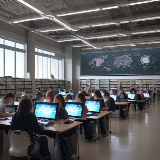 Diverse students work on laptops in a sunlit, modern university library as glowing icons of lightbulbs and gears float from their screens, symbolizing the spark of collaborative innovation in education.