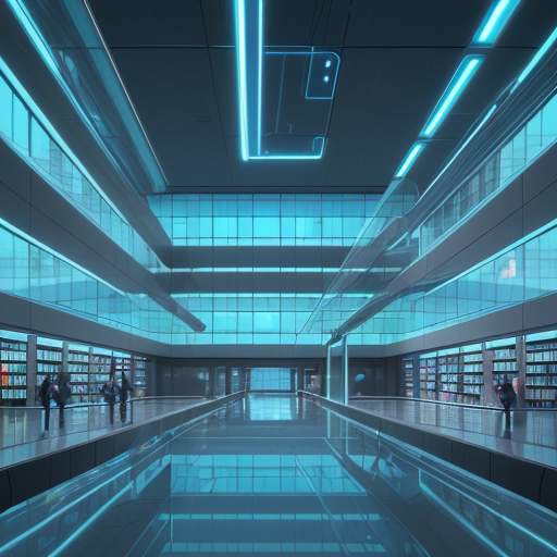 Futuristic library with glass walls, AI research stations, students collaborating around holographic data visualizations under vibrant lighting