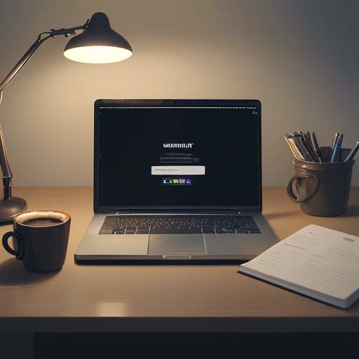 A cozy, dimly lit desk at night featuring a laptop displaying an organized task list, a notebook, and a steaming cup of coffee under a single lamp.