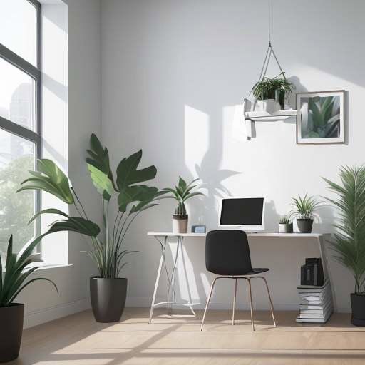 A student sits in a modern, minimalist study space with a laptop and tablet, surrounded by indoor plants and soft lighting, showcasing an organized workspace for productive learning.