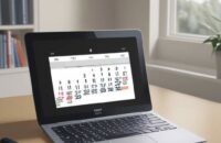 A modern, minimalist workspace featuring a laptop with a colorful calendar app, a tablet with a stylus, a steaming cup of coffee, and a notebook in a cozy study.