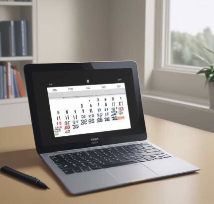 A modern, minimalist workspace featuring a laptop with a colorful calendar app, a tablet with a stylus, a steaming cup of coffee, and a notebook in a cozy study.