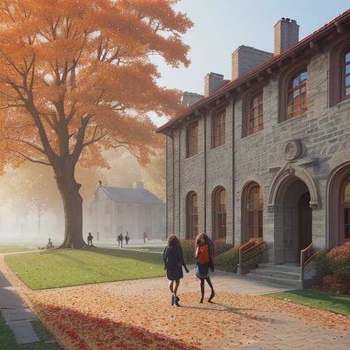 A wide, cinematic shot of a modern university campus in autumn, featuring students walking past ivy-covered stone buildings under falling orange and red leaves.