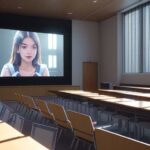 Modern university lecture hall with diverse students typing on laptops beneath a holographic ChatGPT interface hovering above the podium, illuminated by natural window light.
