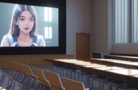 Modern university lecture hall with diverse students typing on laptops beneath a holographic ChatGPT interface hovering above the podium, illuminated by natural window light.