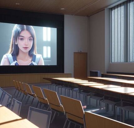 Modern university lecture hall with diverse students typing on laptops beneath a holographic ChatGPT interface hovering above the podium, illuminated by natural window light.