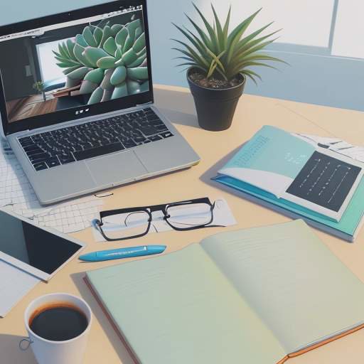 Top-down view of an organized student desk featuring a laptop with an organizational app, a tablet with a digital planner, highlighters, open notebooks, and a small succulent plant.
