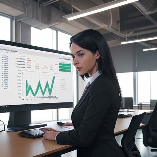 A professional in a modern industrial office looking confidently at a large screen displaying complex data visualizations and graphs.