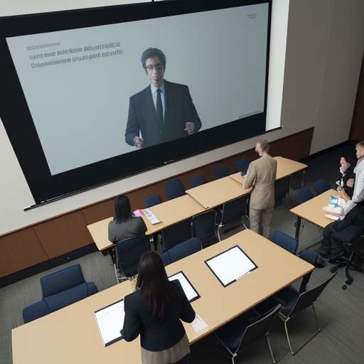 Professor and diverse graduate students collaborate around conference table with AI-generated syllabus on interactive whiteboard during AI literacy workshop