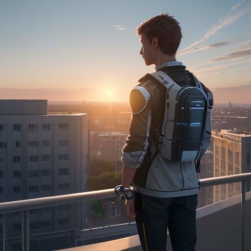 A confident student stands on a balcony overlooking a modern university campus at sunrise, looking toward the horizon.