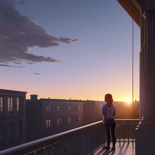 A student stands on a grand balcony overlooking a university quad at sunset, looking toward the horizon with a determined expression against a vibrant orange and purple sky.