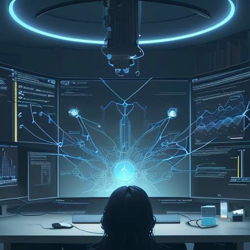 A student in a high-tech library looks inspired while studying a glowing 3D knowledge graph of interconnected academic topics on a large monitor.