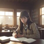 A determined high school student focused on a laptop at a wooden desk in a sunlit library, surrounded by notebooks during college application season.