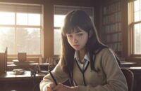 A determined high school student focused on a laptop at a wooden desk in a sunlit library, surrounded by notebooks during college application season.