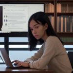 A student sits at a wooden desk in a modern library at dusk, studying complex data visualizations on a laptop screen.
