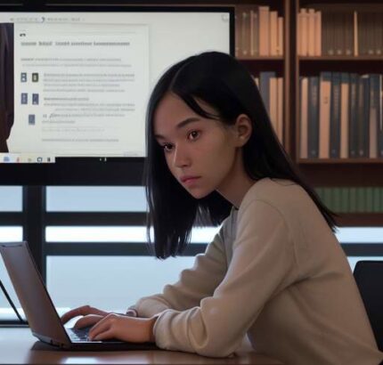 A student sits at a wooden desk in a modern library at dusk, studying complex data visualizations on a laptop screen.
