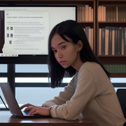 A student sits at a wooden desk in a modern library at dusk, studying complex data visualizations on a laptop screen.