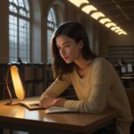 A student studying at a wooden table in a modern university library at dusk, with a glowing laptop and textbooks under warm lamp lighting.