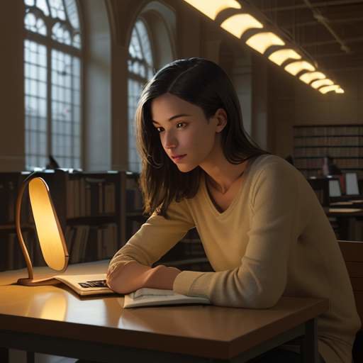 A student studying at a wooden table in a modern university library at dusk, with a glowing laptop and textbooks under warm lamp lighting.