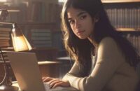 A diverse college student focused on a laptop in a sun-drenched library, surrounded by books and a mug of coffee.