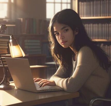 A diverse college student focused on a laptop in a sun-drenched library, surrounded by books and a mug of coffee.