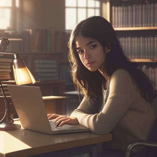 A diverse college student focused on a laptop in a sun-drenched library, surrounded by books and a mug of coffee.