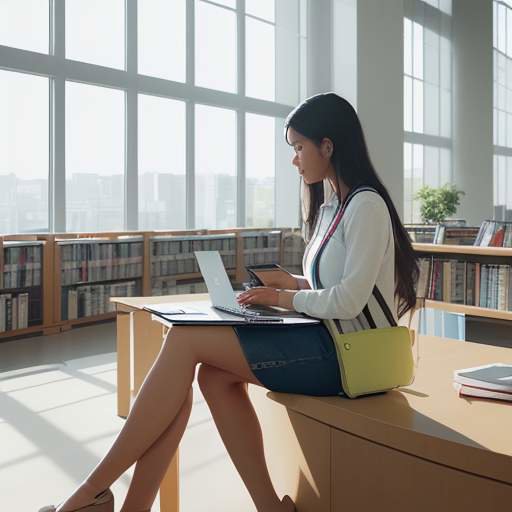 A diverse female student focuses on her laptop in a bright, modern library, using a Pomodoro timer to manage her study goals.
