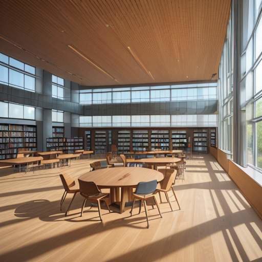 Students collaborating in a modern university library, using laptops and tablets at circular tables in a sunlit space with glass and wood architecture.