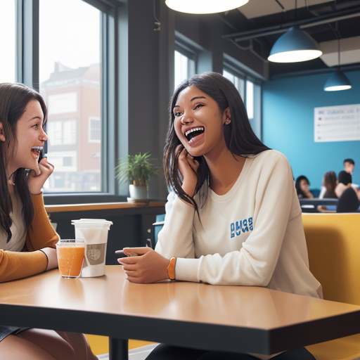 A student engaged in an animated conversation with a peer in a vibrant, sunlit campus cafe filled with other students.