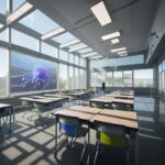 Students in a modern, high-tech classroom interacting with holographic 3D molecular models, illustrating the integration of advanced technology and education.