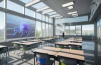 Students in a modern, high-tech classroom interacting with holographic 3D molecular models, illustrating the integration of advanced technology and education.