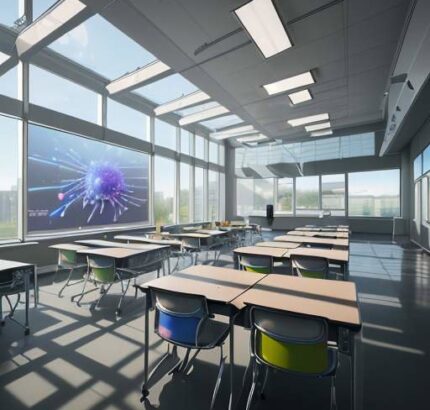 Students in a modern, high-tech classroom interacting with holographic 3D molecular models, illustrating the integration of advanced technology and education.