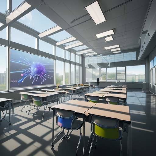 Students in a modern, high-tech classroom interacting with holographic 3D molecular models, illustrating the integration of advanced technology and education.