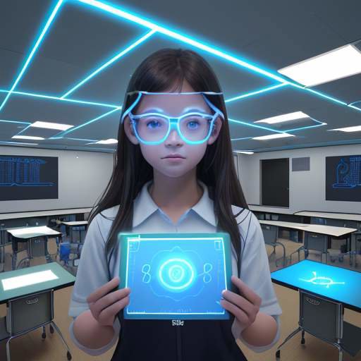 Students in a modern, high-tech classroom using tablets and AR glasses, with glowing digital icons above their heads representing personalized learning paths in subjects like math, coding, and design.