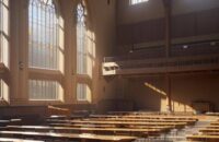 Sunlit CU Boulder lecture hall with diverse students facing a screen displaying an AI writing interface, capturing the tension between technology and student agency in modern education