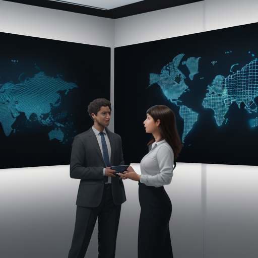 Two colleagues in a modern office collaborate in front of a large interactive wall displaying a glowing 3D global supply chain data visualization.