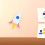 Illustration with a rocket, an AI robot and a group of people