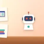 Illustration with an AI robot, a laptop and a stack of books
