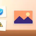 Illustration with a picture, a security shield and a warning sign