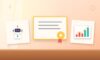 Illustration with a certificate, an AI robot and a rising chart
