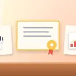 Illustration with a certificate, an AI robot and a rising chart